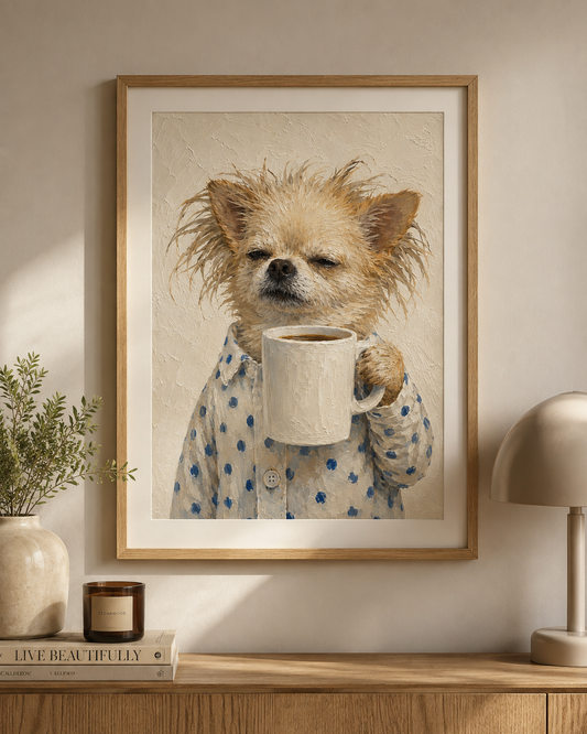 meme inspired wall art, funny dog meme print, sleepy dog printable, coffee meme dog art, funny chihuahua wall art, cozy animal print, acrylic dog painting, cute meme artwork, digital download wall art, funny pet illustration, aesthetic printable decor, tired dog meme poster, coffee lover gift, pajama dog wall art