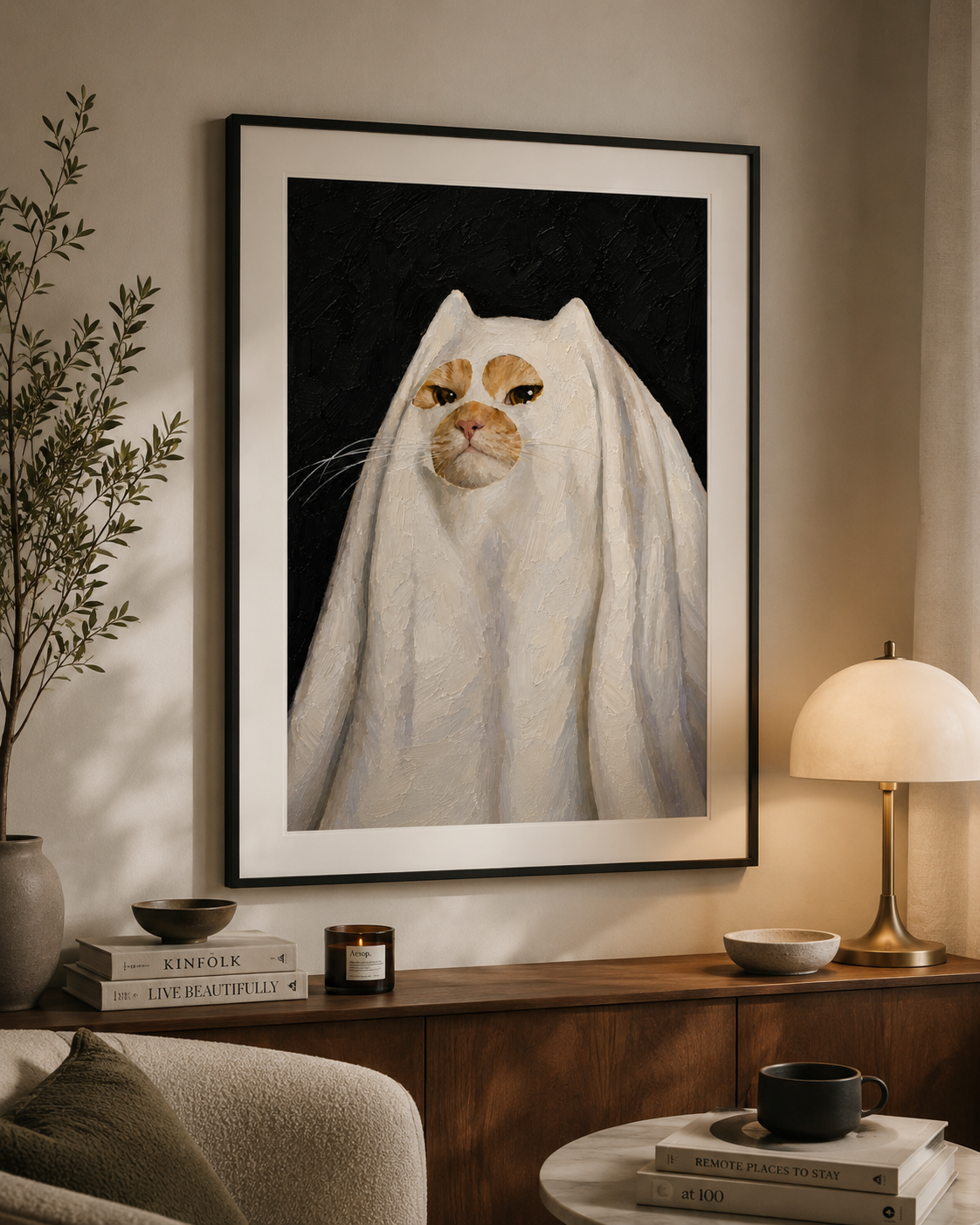 ghost cat print, funny cat wall art, meme cat poster, renaissance cat painting, printable cat art, digital download wall decor, funny animal artwork, viral cat meme print, cozy home decor, aesthetic printable art, orange cat poster, whimsical wall art, gallery wall print, modern meme decor, cat lover gift