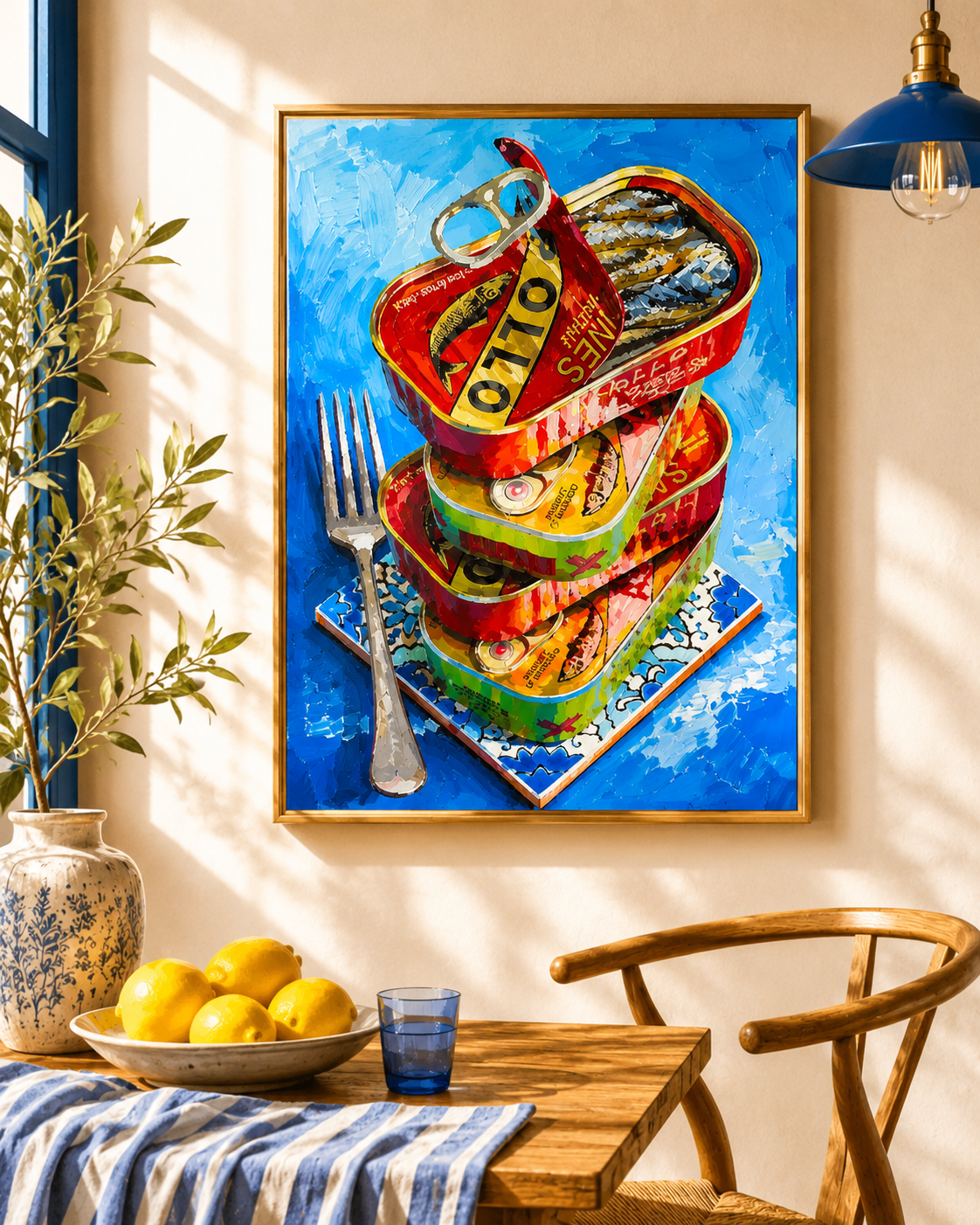 digital wall art, printable wall art, digital download, instant download art, Mediterranean wall art, sardine wall art, kitchen wall decor, dining room artwork, coastal wall art, food art print, colorful wall art, kitchen print, Mediterranean decor, European coastal decor, acrylic painting print, contemporary wall art, dining room decor, restaurant wall art, blue wall art, colorful interior art, fish tin artwork, sardine tin art, modern kitchen decor, gallery wall art, printable kitchen art, digital art 