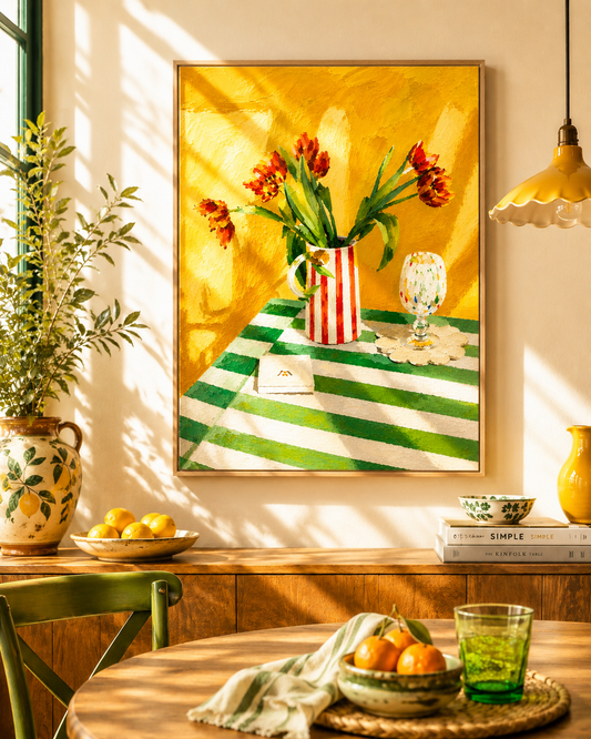 digital download art, printable wall art, instant download print, tulip wall art, floral wall art, yellow wall art, kitchen wall decor, dining room artwork, cottagecore wall art, Mediterranean decor, still life painting, acrylic painting print, printable artwork, flower art print, colorful wall art, spring wall decor, summer wall art, European cottage decor, country kitchen art, breakfast nook decor, floral printable, yellow kitchen decor, cottagecore printable, digital art print, downloadable wall art