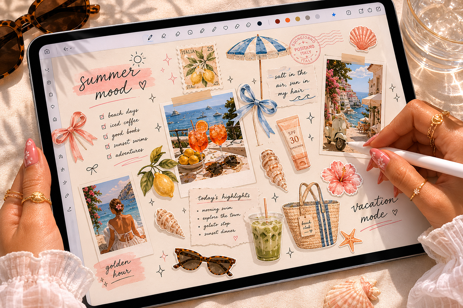 summer digital stickers, digital stickers, GoodNotes stickers, Instagram story stickers, watercolor stickers, aesthetic stickers, planner stickers, digital planner stickers, journal stickers, scrapbook stickers, PNG stickers, transparent PNG stickers, iPad stickers, cute summer stickers, Mediterranean summer, coastal aesthetic, European summer aesthetic, vacation stickers, beach stickers, girly stickers, feminine stickers, digital notebook stickers, Canva stickers, aesthetic planner, digital journaling